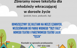 kolorowy plakat akcji domki, ulica zieleń, dane kontaktowe